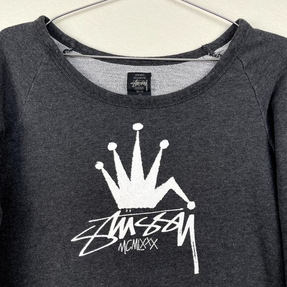 VTG Y2K Stussy Boat Neck Crown Logo Graphic Sweatshirt Gray Small Streetwear - Picture 4 of 10